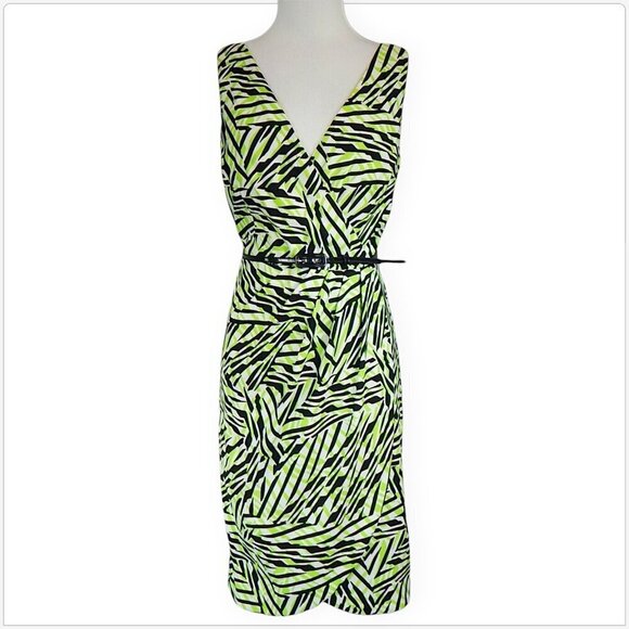 Maggy London Green White and Black Print Stretch Wrap Look Belted Dress 10 - Picture 1 of 4